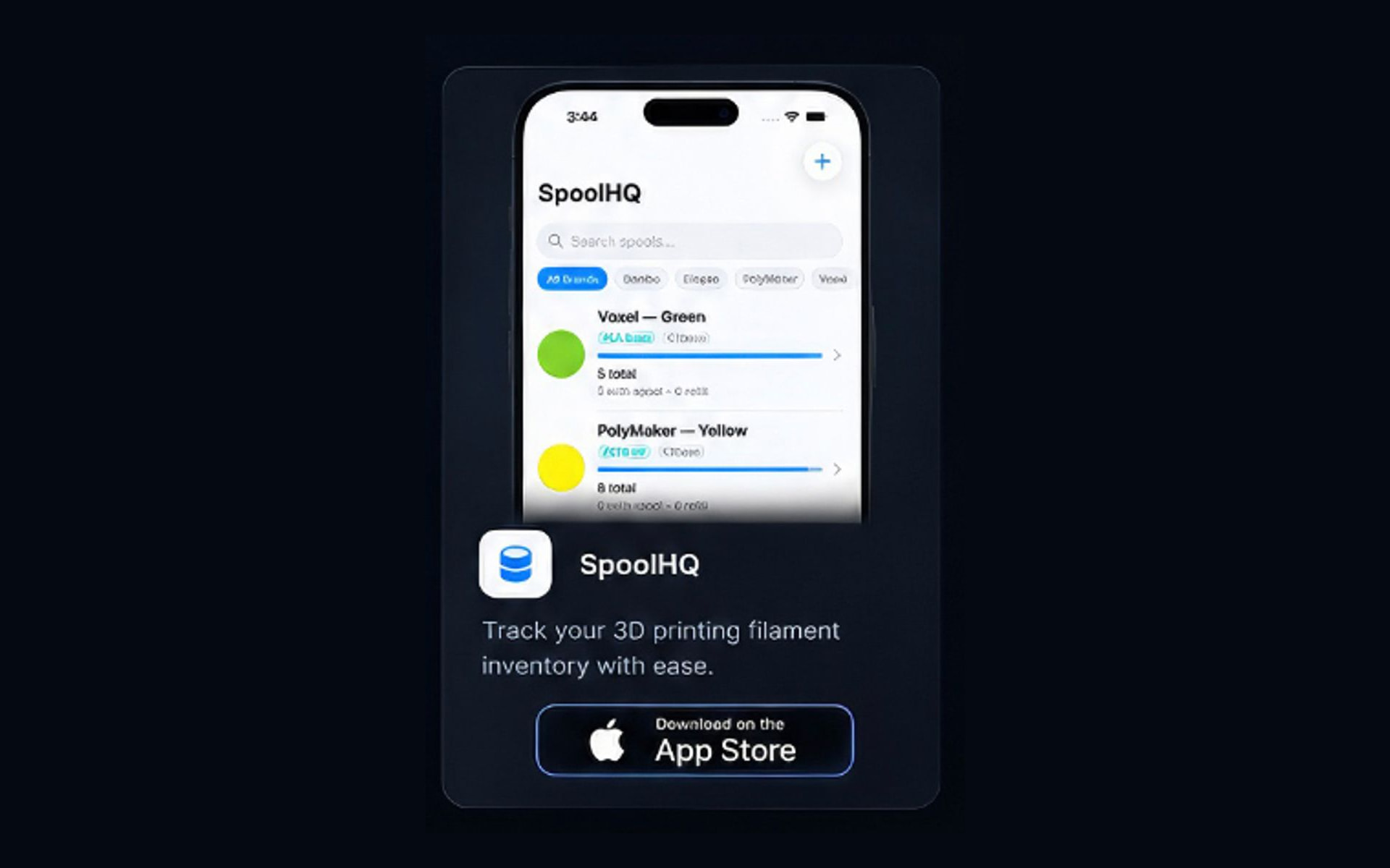 3D Print Vault iOS app showing the filament spool inventory screen