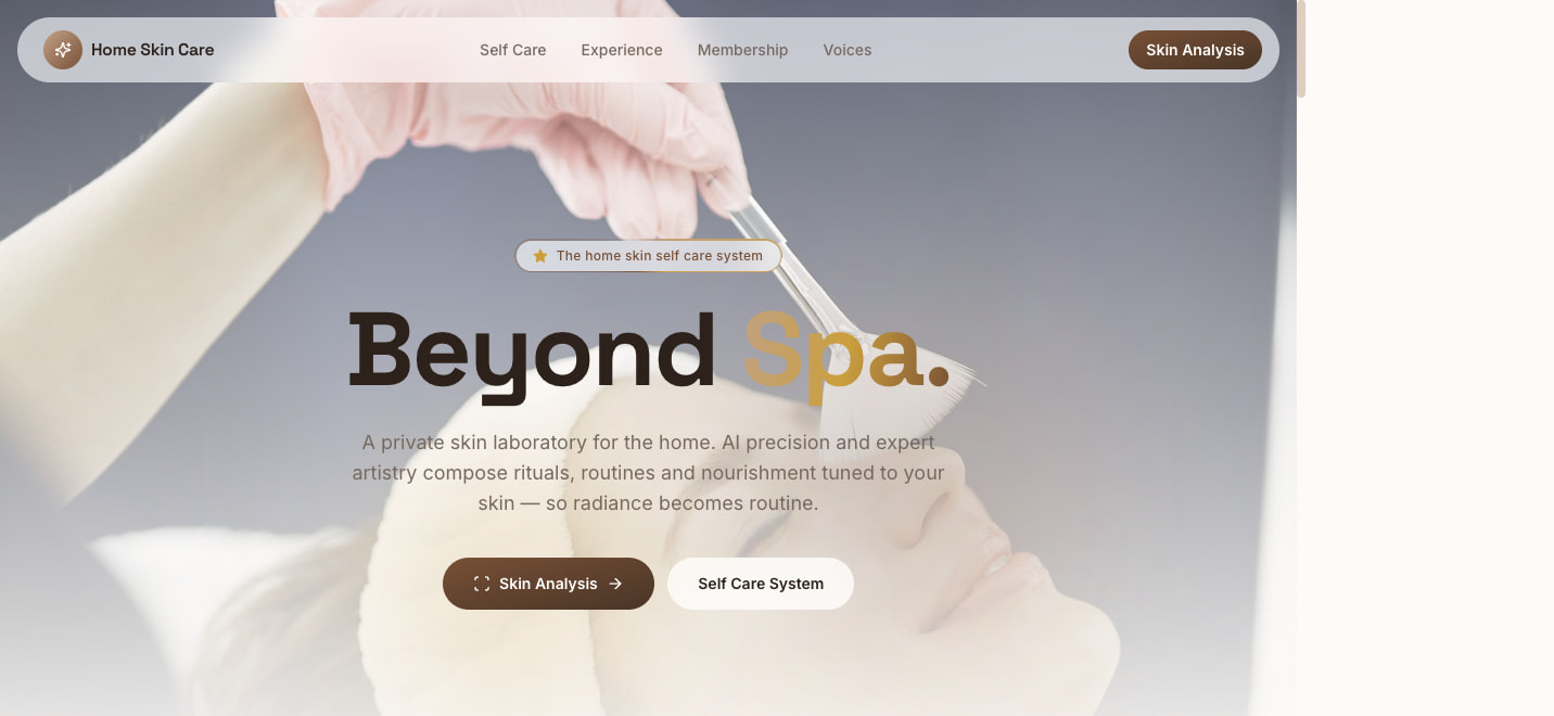 Home Skin Care hero page showing the Beyond Spa headline and the Skin Analysis call to action