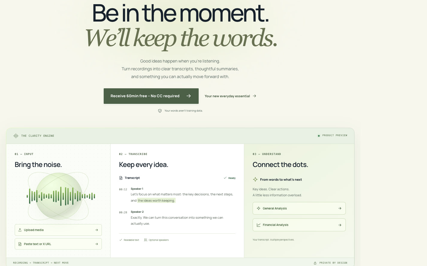 AudioToText homepage showing the transcription and AI analysis preview
