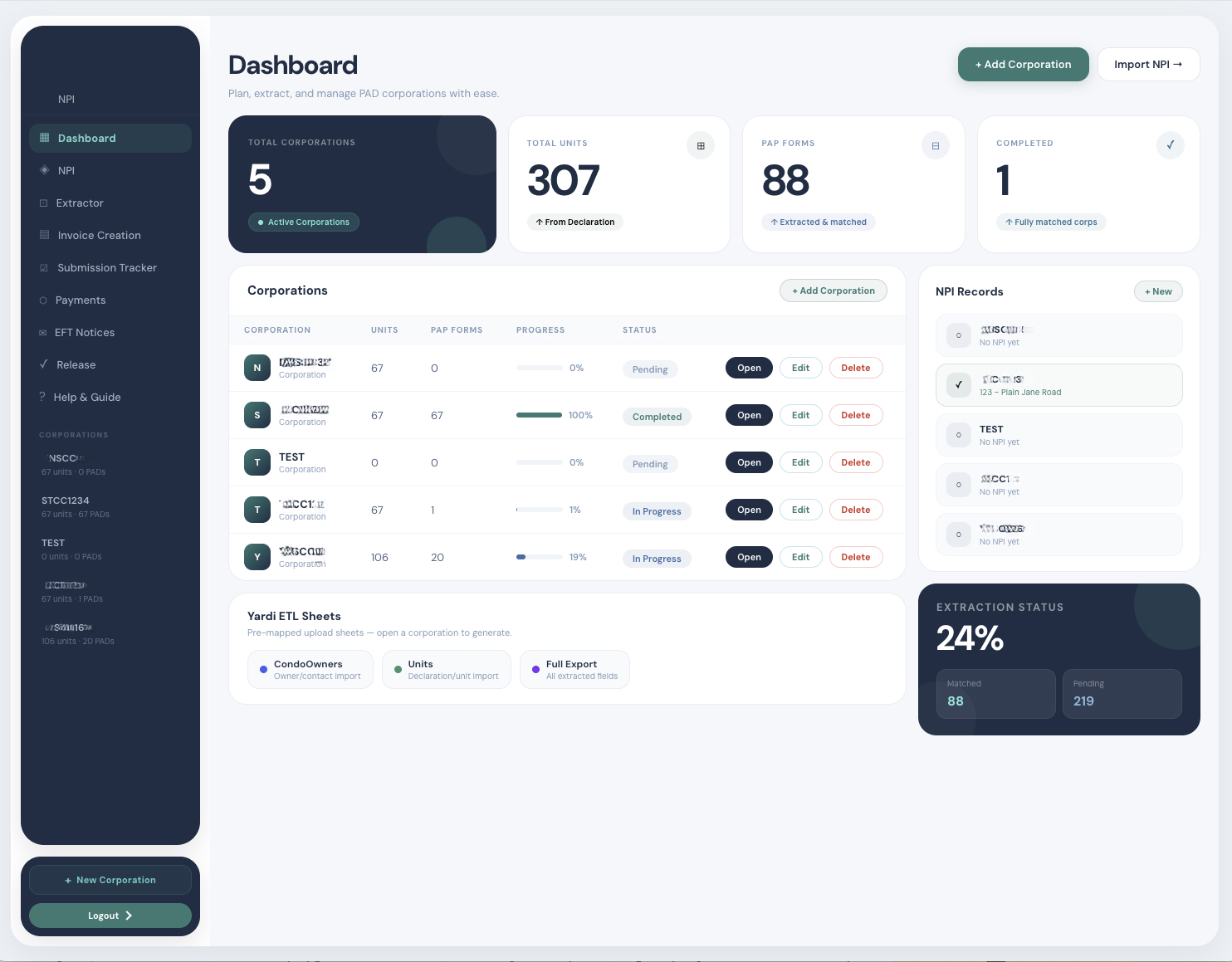 Document Automation dashboard showing corporation management and AI extraction status