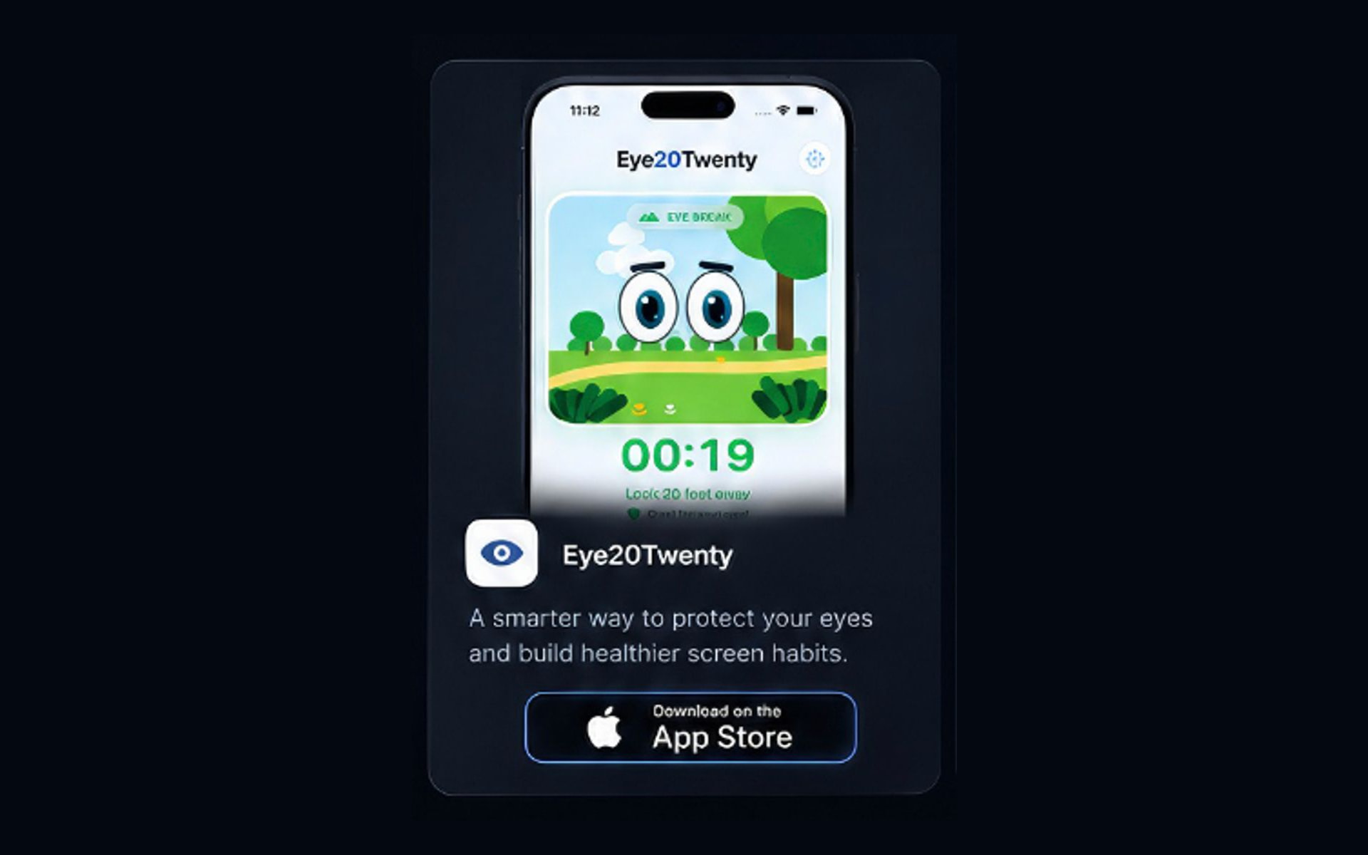 Eye20Twenty iOS app showing the eye break timer screen with nature scene